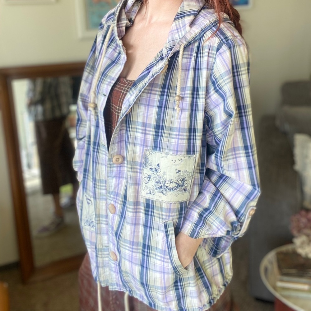 Custom Upcycled Vintage Plaid Jacket W/ Wildlife Embroidered Patchwork